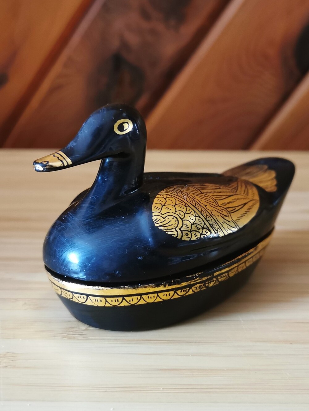 Vintage Black Lacquered Hand-Painted Duck Trinket Box